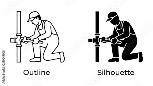 Plumber Icon: A stylized graphic illustration showcasing a plumber in overalls and a cap, kneeling and using a wrench to work on pipes.