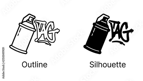 Spray Paint Can Icon with Graffiti Tag: A graphic representation of a spray paint can, presented in both outline and silhouette forms, accompanied by a stylized graffiti tag.