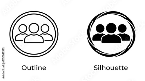 Group Iconography: Two distinct icons representing a group of people, one as an outline and the other as a silhouette, symbolizing community and teamwork.