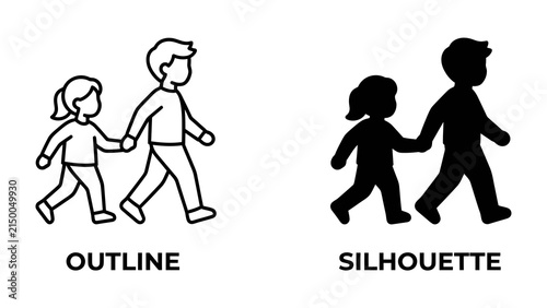 Parent and Child Walking Together: A father and daughter, depicted in both outline and silhouette, hold hands as they walk side-by-side, symbolizing connection and companionship.