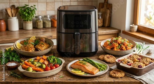 Modern Air Fryer With Delicious Meals Displayed