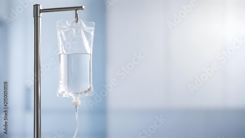 Clear intravenous fluid bag hanging on metal stand in clinic with against blurred background suspended metal pole displays clear transparent