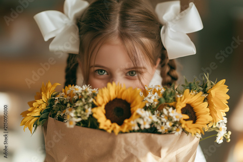 Young Girl Holding a Sunflower and Daisy Bouquet with Large White Hair Bows