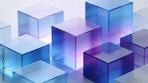 Blue and purple gradient transparent cubes stacked in abstract composition