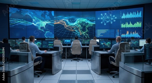 Command Center with Operators Monitoring Global Network Data