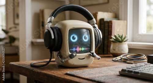 Cute Retro Robot Character with Headphones Listening to Music