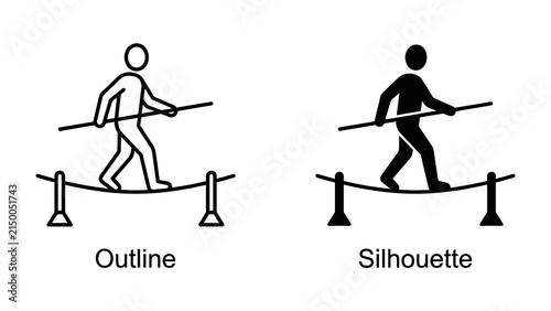 Photography Slacklining Icons: Two distinct icons, one an outline and the other a silhouette, depict a person confidently balancing on a slackline, holding a pole for stability