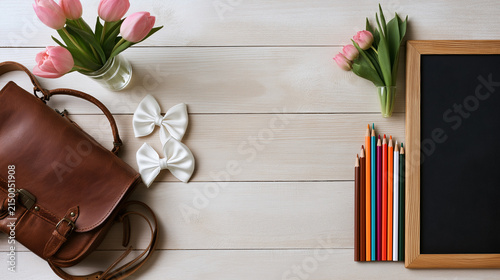 Elegant Back to School Flat Lay with Leather Satchel, Tulips, Hair Bows and Blank Chalkboard