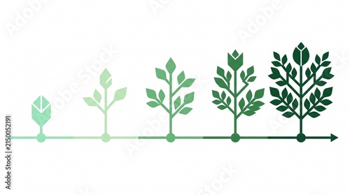 plant growth stages timeline arrow geometric tree showing five phases of business development and financial progress in minimal flat design graphic illustration depicting forward direction and success