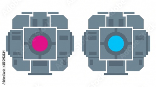 mechanical components robotic eyes futuristic modules with magenta and cyan glowing lenses side by side in a flat digital illustration depicting cybernetic hardware and advanced machine vision systems