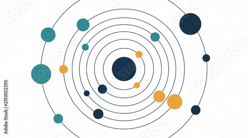 solar system orbital rings atomic model shown in a flat minimal illustration depicting concentric planetary orbits microscopic molecular structures abstract cosmic networks and modern physics research