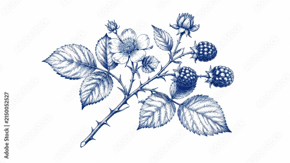 Obraz premium Botanical ink illustration of blackberry branch with flowers