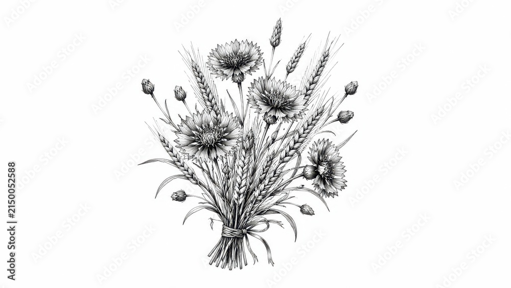 Fototapeta premium Hand Drawn Wildflower and Wheat Bouquet Illustration