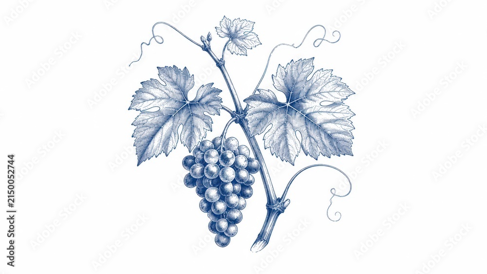 Fototapeta premium Blue botanical illustration of grape cluster with vine leaves