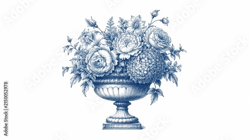Blue floral arrangement in classical urn line art illustration