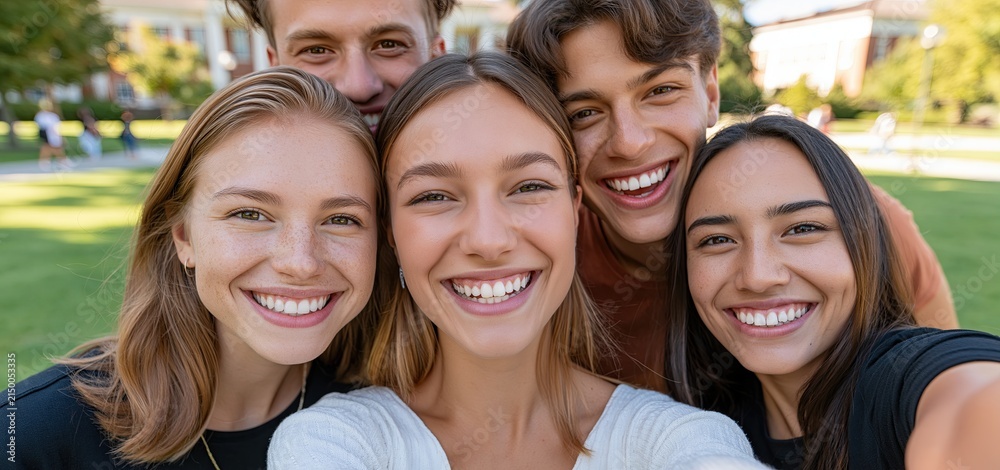 Fototapeta premium On a sunny campus lawn, a diverse group of college friends happily takes a selfie celebrating their bond.