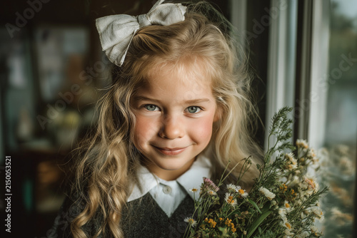 Smiling Young Girl with White Hair Bow Holding a Wildflower Bouquet by a Window
