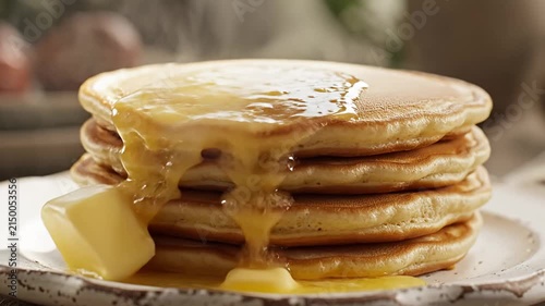 Stack of pancakes topped with a melting butter pat.