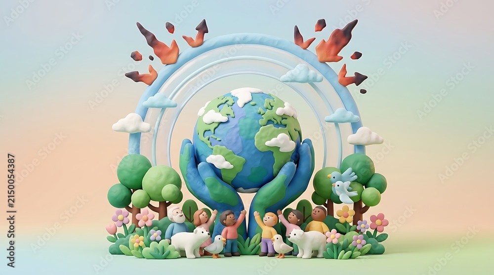 Obraz premium Diverse people and animals celebrating environmental protection of earth