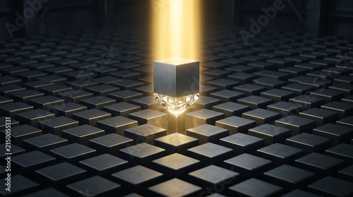 glowing central cube hovering above a dark geometric grid illuminated by a radiant golden beam from above in a sleek modern conceptual illustration depicting advanced technology and power energy syste