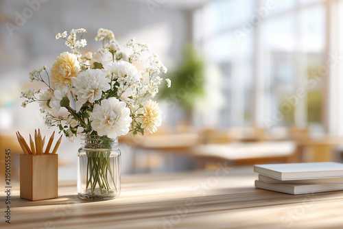 Elegant White Floral Arrangement with Pencils and Books in a Bright Classroom