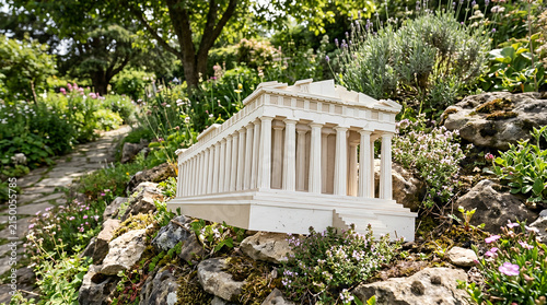 Parthenon replica stands among rock formations and flowers in a lush botanical garden setting.