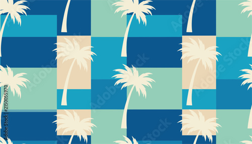 Minimalist seamless color block pattern with white palm tree silhouettes over blue and green geometric squares.