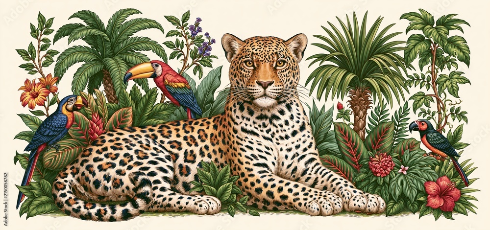 Obraz premium A regal leopard lies peacefully in dense jungle foliage, accompanied by vibrant tropical birds in detailed engraving style.