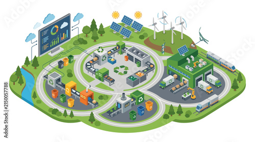 Isometric Green Energy Ecosystem with Solar Panels, Wind Turbines and Recycling Facility