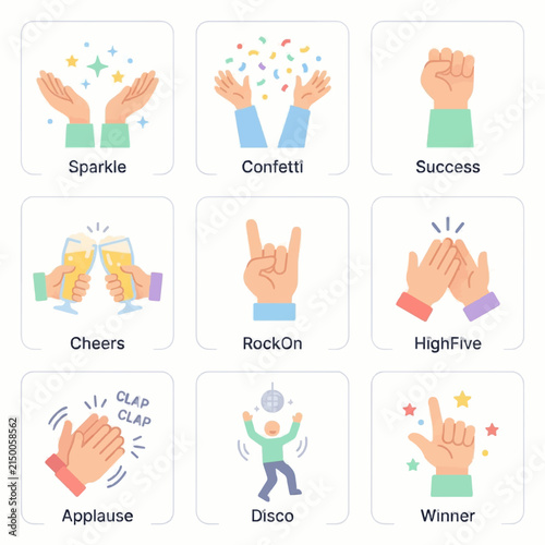 Hand gesture icon set. Flat vector celebration and success symbols.