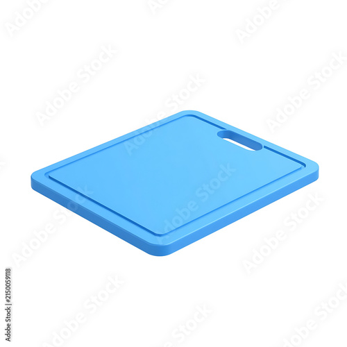 Minimalist blue rectangular plastic cutting board isolated on solid white studio background surface with rendered clean minimalist minimalist style