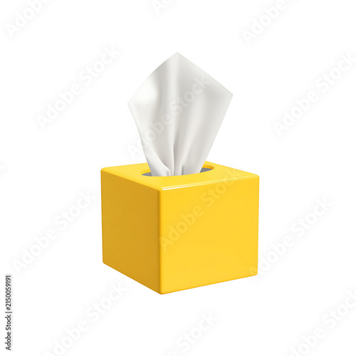 Bright yellow square tissue box container holding single white paper sheet isolated against white background with displays vibrant yellow cubic tissue dispenser