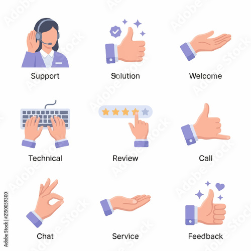 Customer service icon set. Flat vector business hand gestures and support symbols.