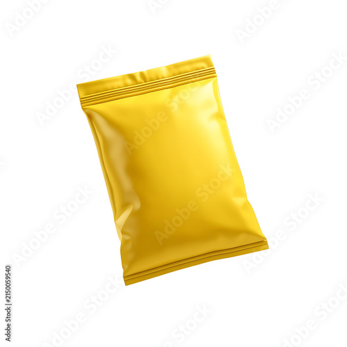 Blank yellow plastic snack pouch mockup isolated against clean white background for product branding design with background versatile commercial