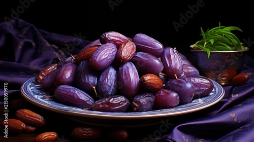 A plate of fresh dates and almonds on a purple cloth