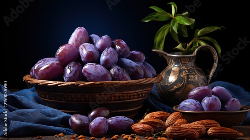 A still life of plums and almonds on a table with a blue cloth