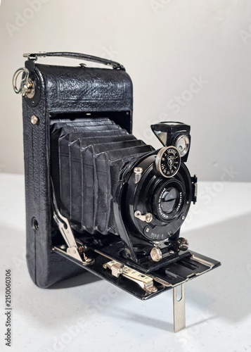 An antique folding bellows medium format camera