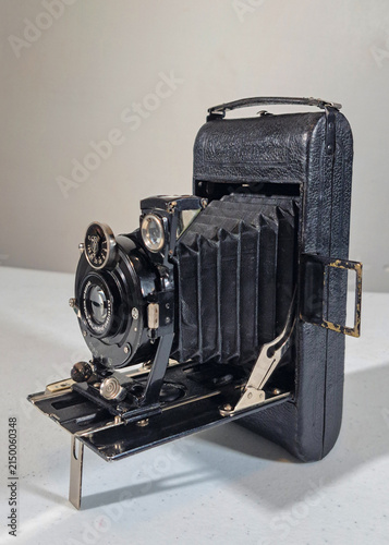 An antique folding bellows medium format camera