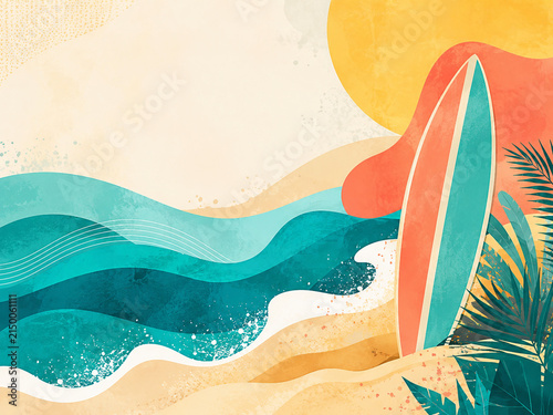 Vibrant summer beach background featuring colorful surfboards, turquoise ocean waves, palm leaves, and a bright yellow sun.