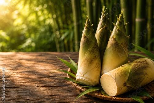 Fresh Bamboo Shoots and Sliced Pieces on Wooden Table
