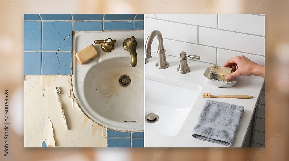 Fototapeta premium Before and after comparison of a bathroom sink renovation