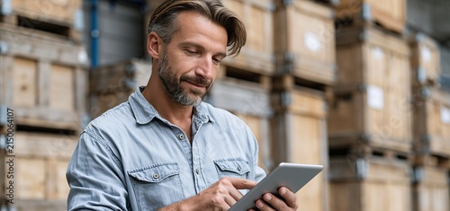 Inventory manager analyzing digital stock data on tablet surrounded by stacked crates in a modern warehouse environment.
