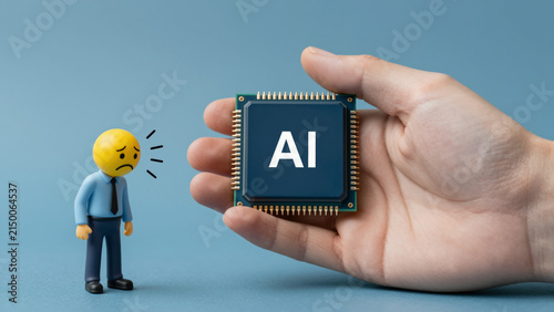 Hand Holding AI Microchip with Sad Office Worker Figurine – Dark Blue Chip with Pins, Figurine in Suit with Bowed Head for Fear of Automation, Job Insecurity and Workforce Transformation Visuals