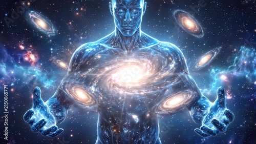 Cosmic entity with glowing galaxies inside transparent body. Surreal spiritual being in deep space. Static wide shot.