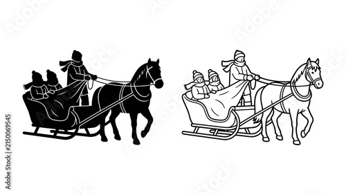Bild auf Leinwand Vintage Sleigh Ride: A charming illustration depicts a horse-drawn sleigh carrying passengers through a winter wonderland, evoking a nostalgic and festive holiday spirit