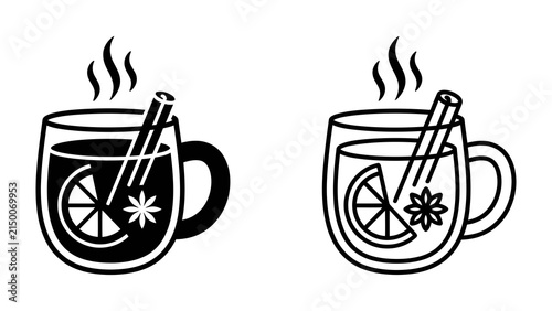 Canvastavla Winter Spice Drink Icons: Two stylized icons depicting a warm, comforting mug of mulled wine or spiced cider, complete with a slice of orange, star anise, and a cinnamon stick, emitting steam