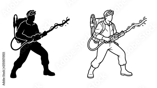 Bild auf Leinwand Ghost Buster Silhouette and Line Art: Two stylized depictions of a ghostbuster character, one a solid black silhouette and the other a clean line art drawing, ready to zap supernatural entities