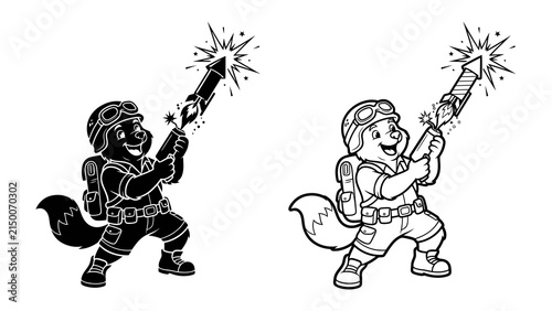 Foto Adventure Character: A cartoon fox character in adventurer's gear, holding a sparkling sparkler, ready for a fun-filled escapade