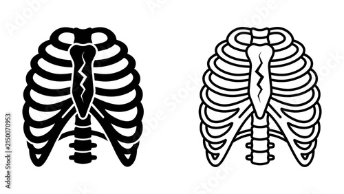 Foto Human Rib Cage Anatomy: Two stylized illustrations of the human rib cage, one in solid black and the other as a clean outline, showcasing the skeletal structure of the chest cavity