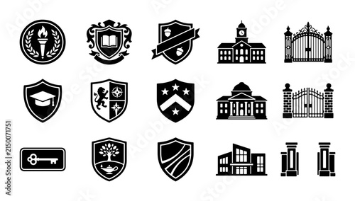 Academic heraldry and university campus icons, set of 15 black vector crests and school buildings, collegiate shield emblems for education branding